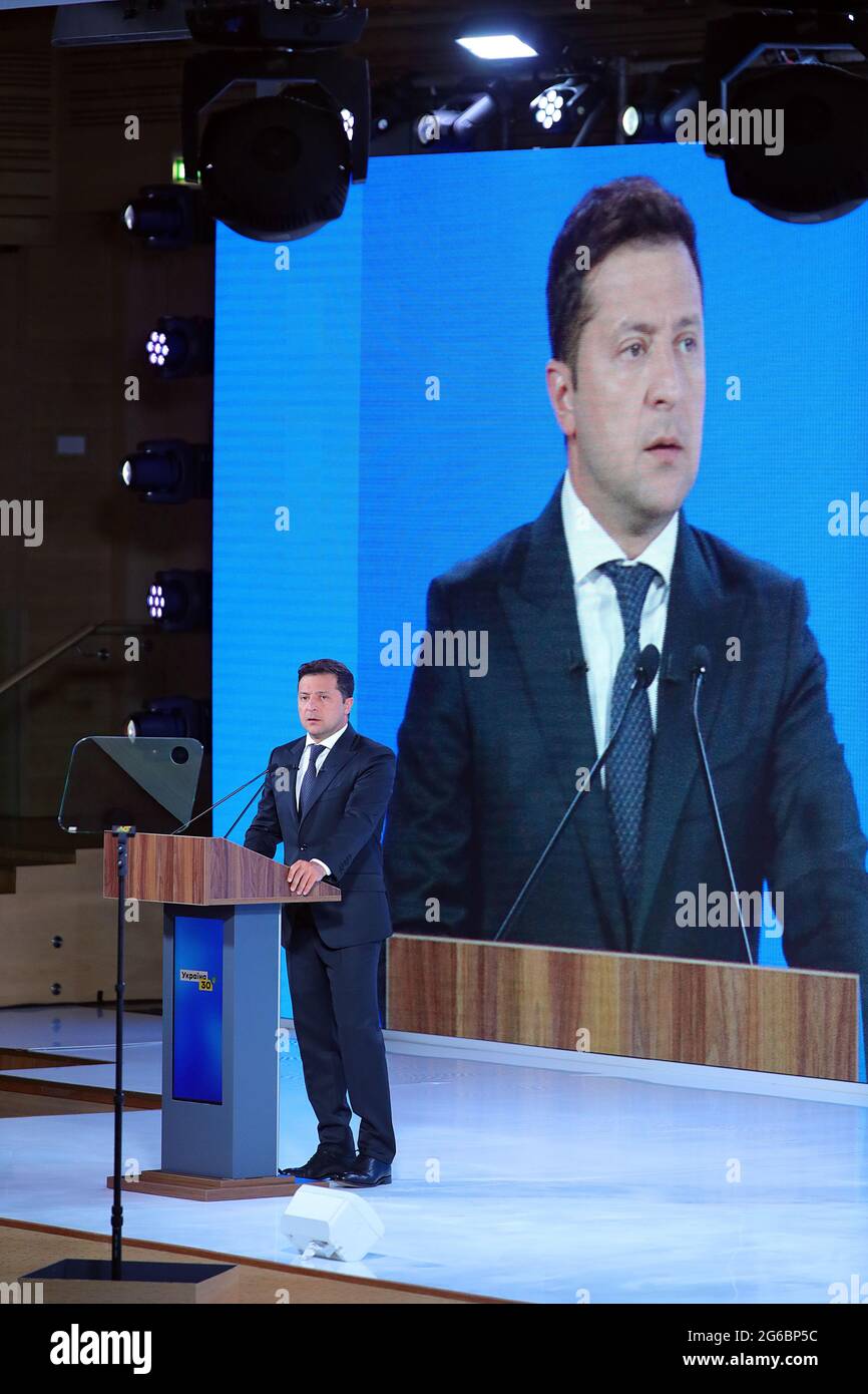 Kyiv, Ukraine. 05th July, 2021. KYIV, UKRAINE - JULY 5, 2021 - President of Ukraine Volodymyr Zelenskyy delivers a speech during the Ukraine 30. International Relations Forum in Kyiv, capital of Ukraine. Credit: Ukrinform/Alamy Live News Stock Photo