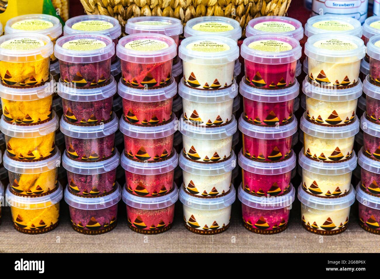 Selection of spices at Spice Mountain stall at Borough Market, London