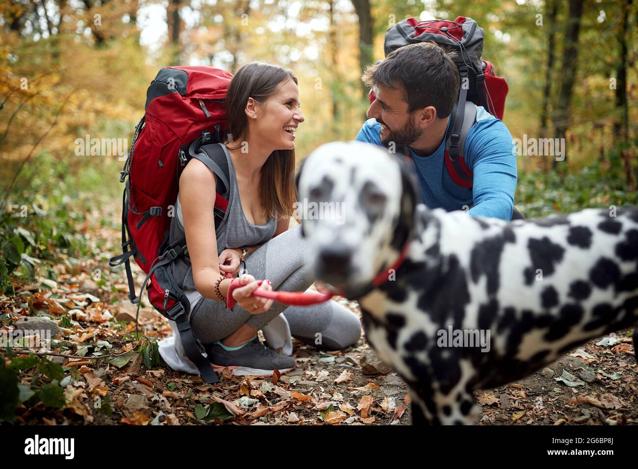 Hikers couple in love taking a break at hiking with their dog Stock ...