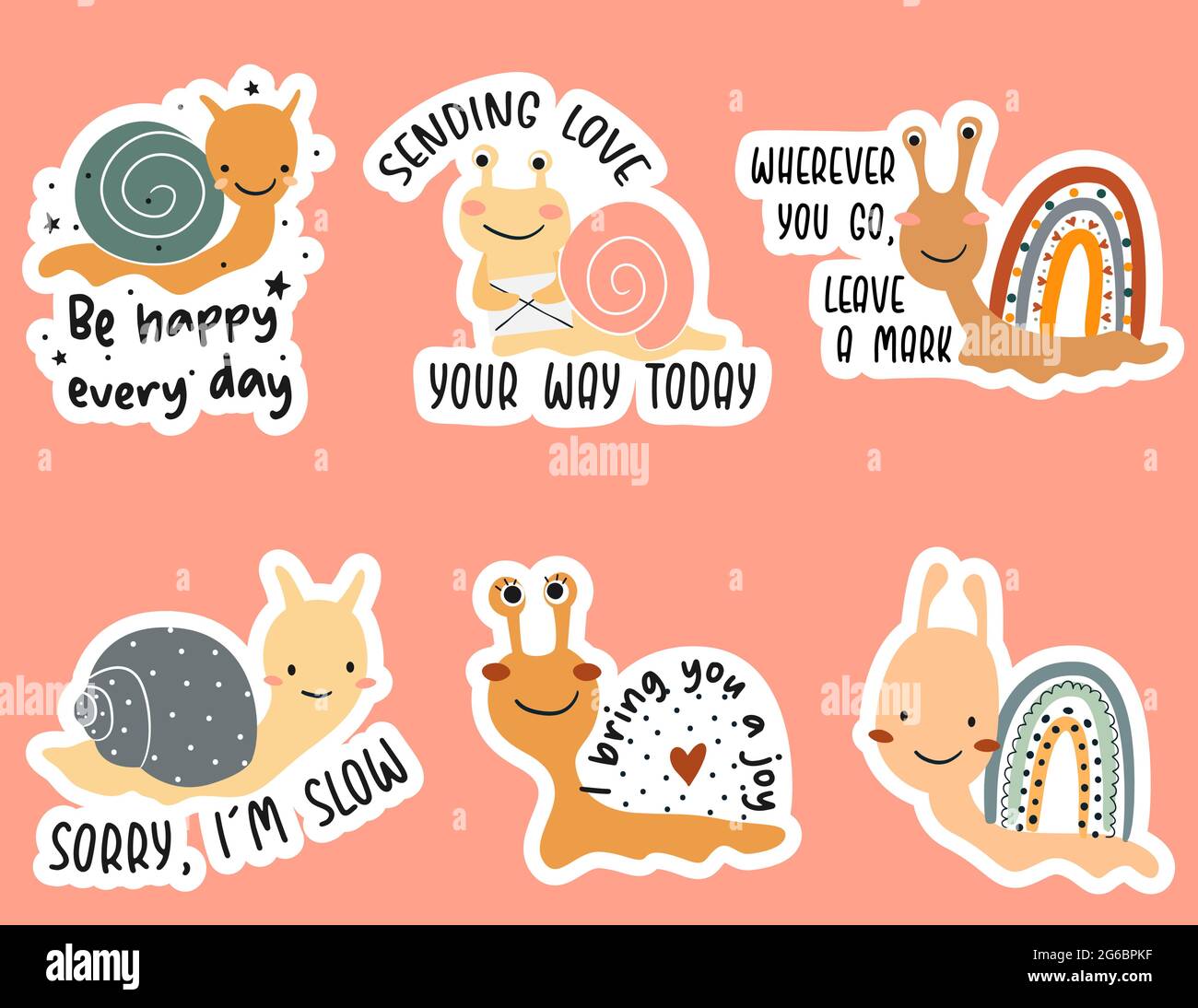 Cute cartoon snails stickers with quotes. Vector illustration Stock
