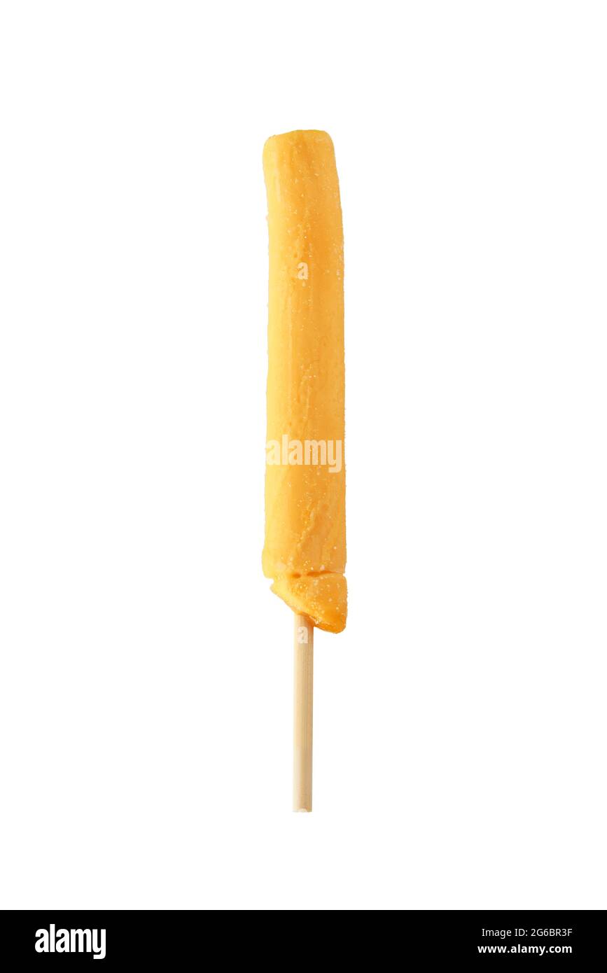 Yellow ice cream on isolated on white background. Fresh frozen ice popsicle. Summer food Stock Photo