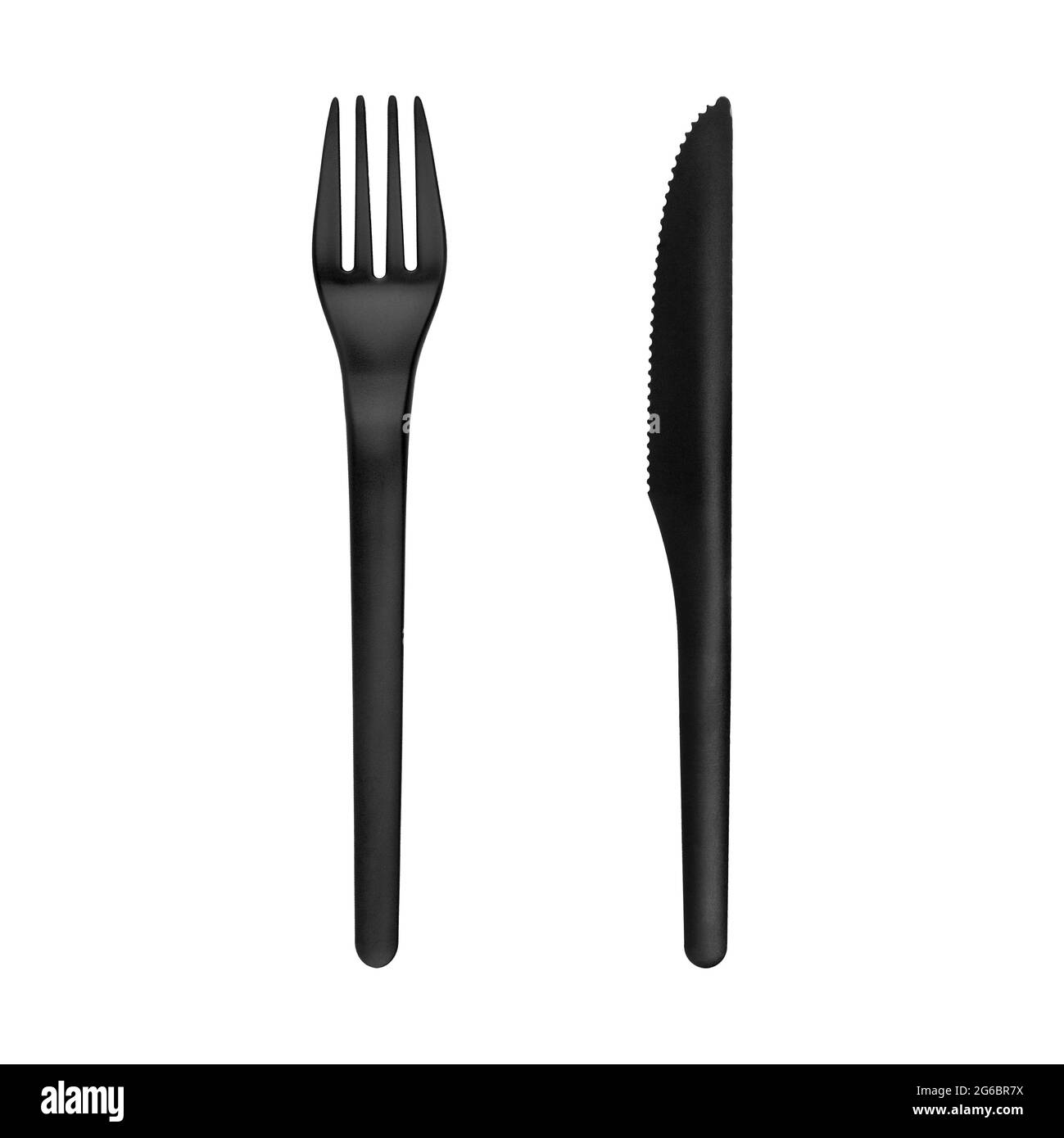 Plastic knife and fork set white background isolated closeup, disposable plastic tableware, one-off black plastic fork and knife, kitchen utensil Stock Photo