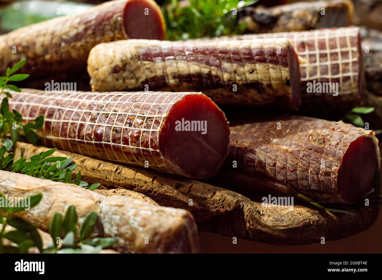 Italian salami and bacon, cured meat with laurel herbs, traditional