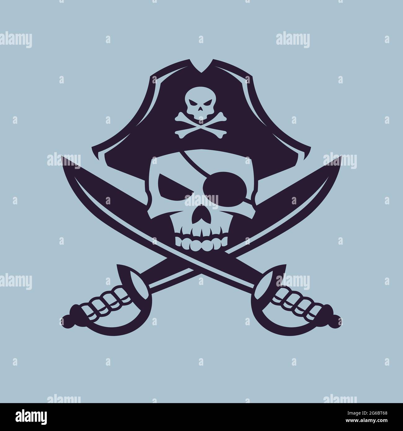 Skull with crossed sabers. Pirate concept art in monochrome style. Stock Vector