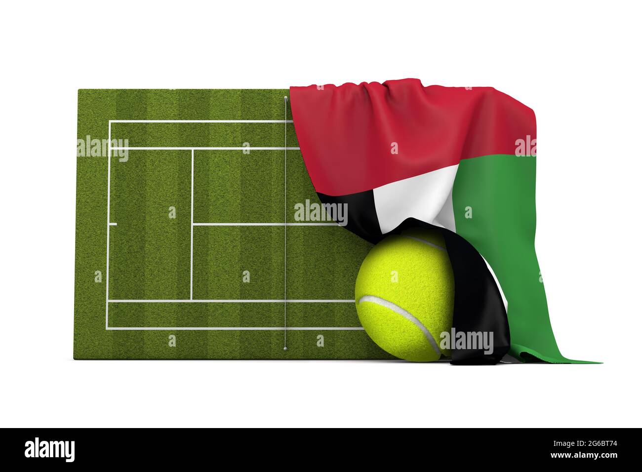UAE flag draped over a grass tennis court and ball. 3D Rendering Stock