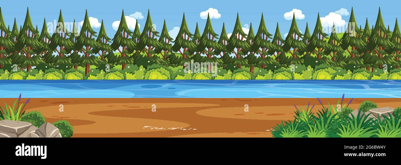 Panorama landscape scene with river through the forest illustration ...