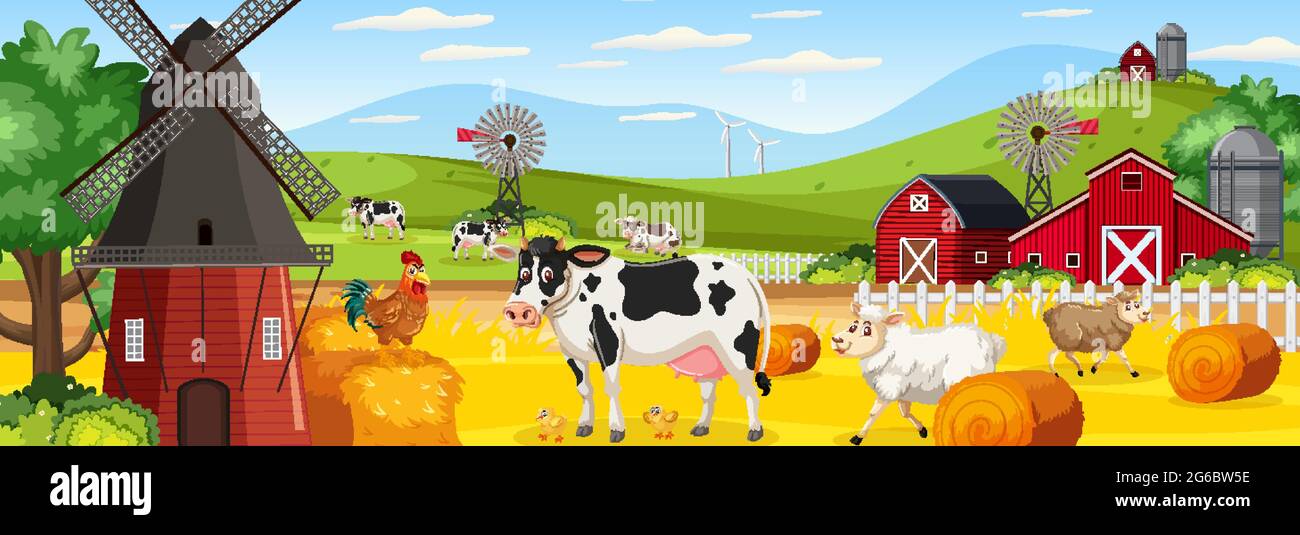 Farm horizontal landscape scene with farm animals illustration Stock ...