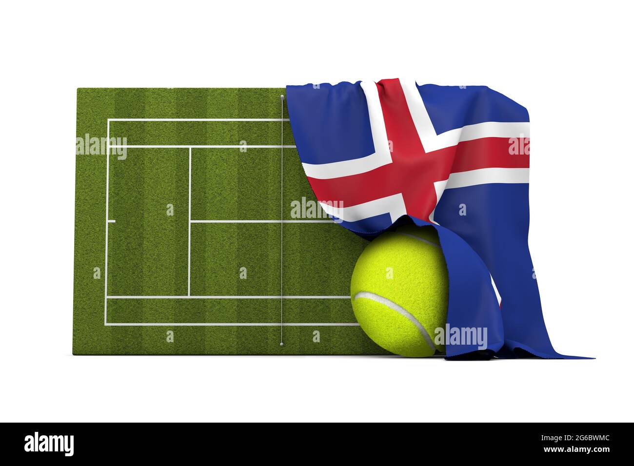 Iceland flag draped over a grass tennis court and ball. 3D Rendering Stock  Photo - Alamy