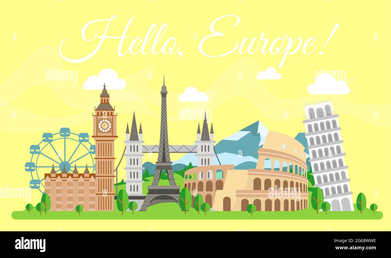 Vector illustration of travel concept. Hello Europe, welcome. Worldwide traveling. Most famous european historical buildings together in flat cartoon Stock Vector