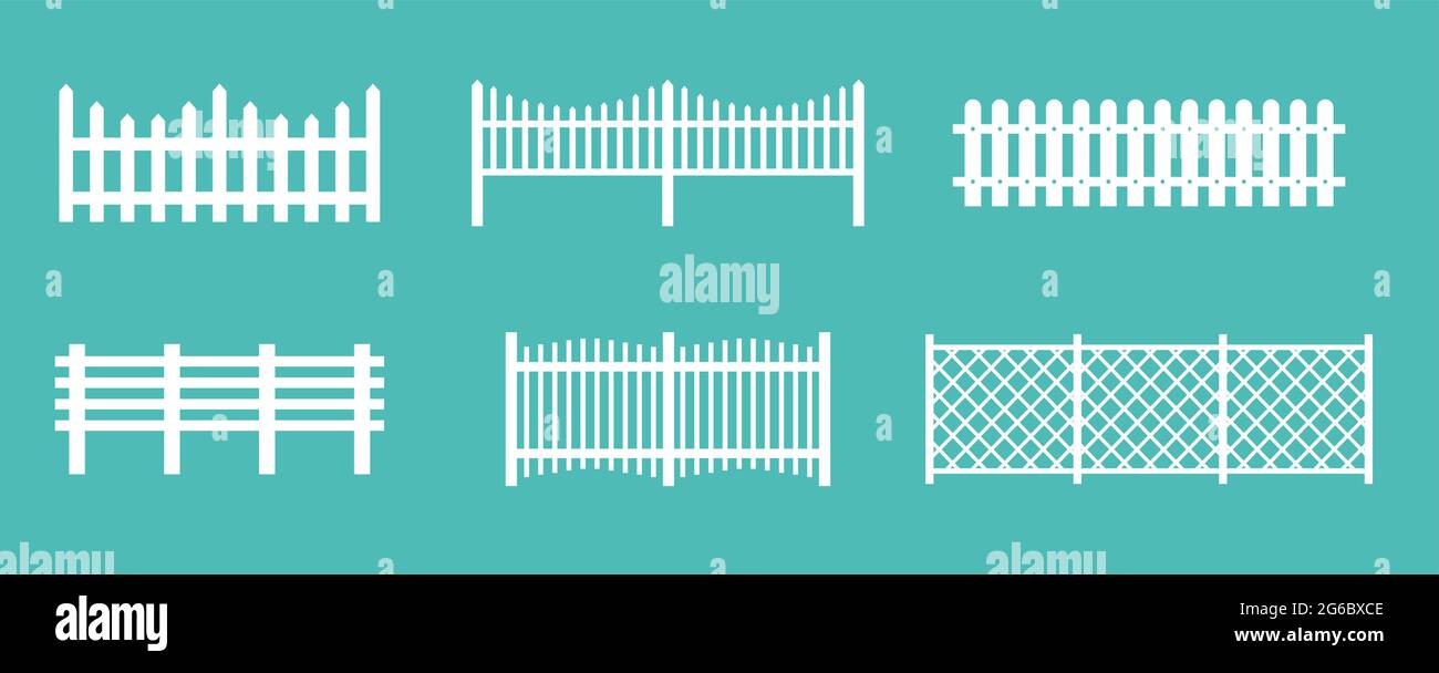 Vector illustration set of white rural wooden fences, silhouettes fence for garden and house concepts, flat cartoon style. Stock Vector