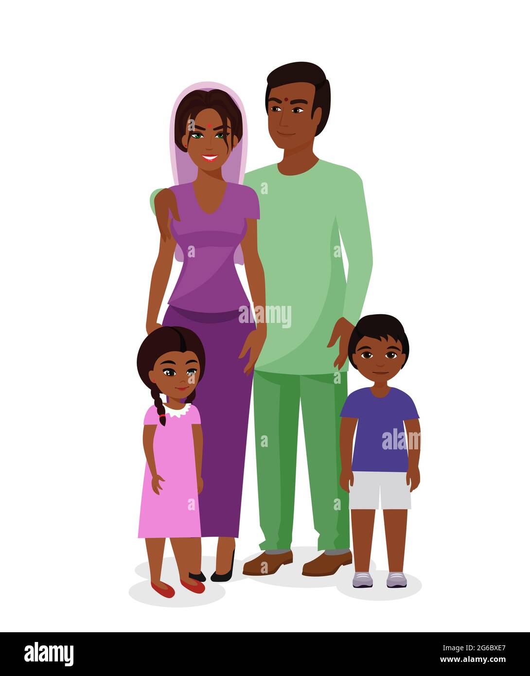 Vector illustration of beautiful Indian family. Happy Indian man and woman with boy and girl kids in traditional national clothes. Mother, father and Stock Vector