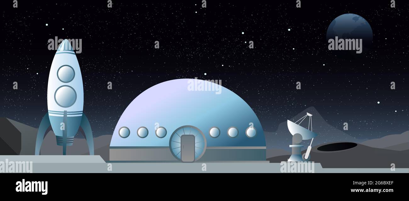 Vector illustration of flat style web banner on the theme of astronomy, space exploration, colonization of space. Moon exploration. Spaceship and Stock Vector