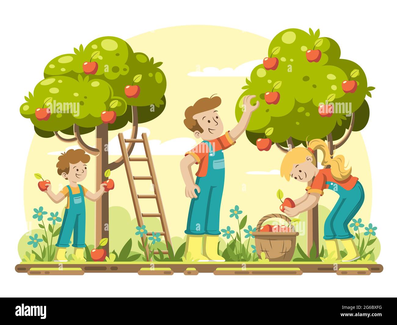 Young Family Picking Apples Stock Vector