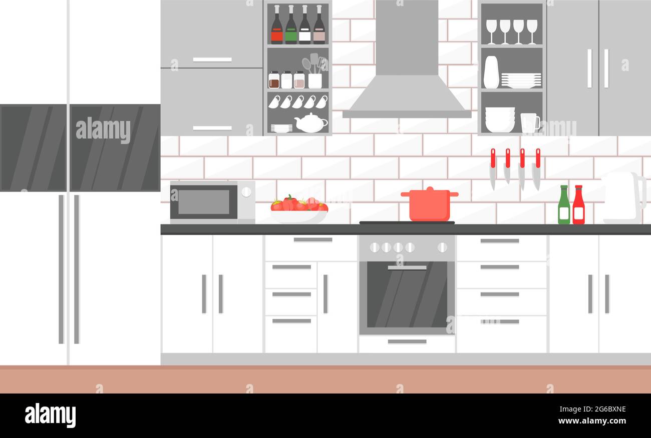 Vector illustration of modern kitchen interior with stove, cupboard, dishes and fridge. kitchen appliances furniture, banner cooking concept in flat Stock Vector