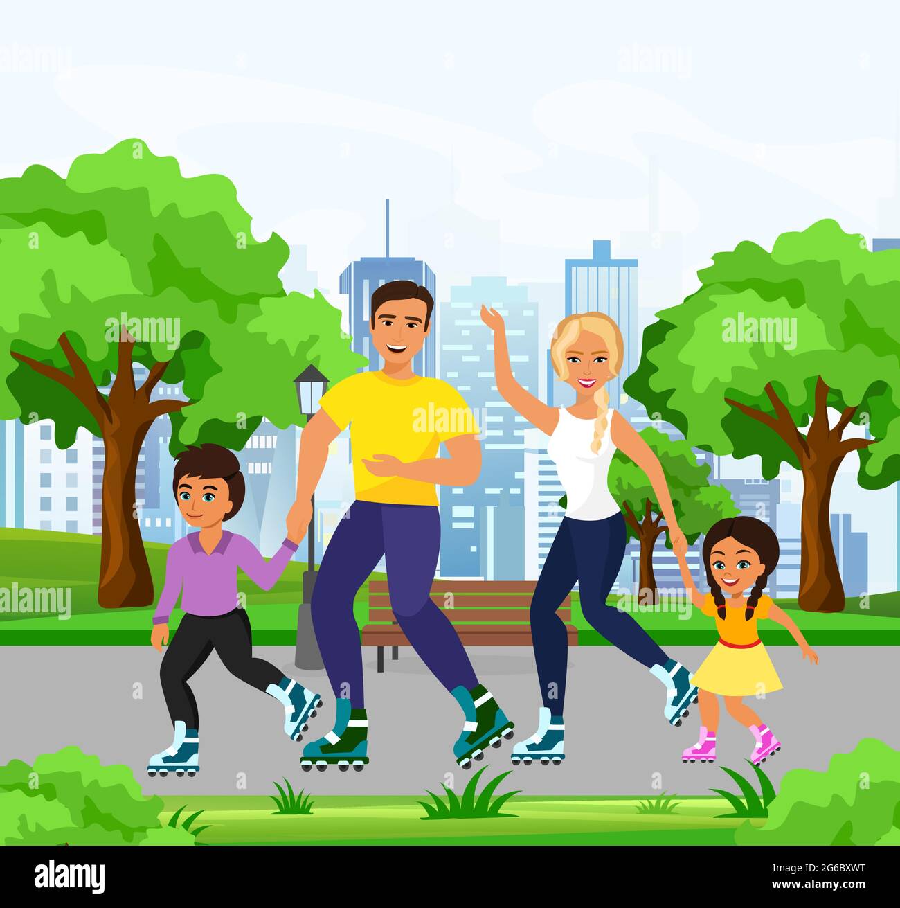 vector illustration of happy and smiley family skating on roller skates in the park. Dad, mom, daughter and son skating together in big city park in a Stock Vector