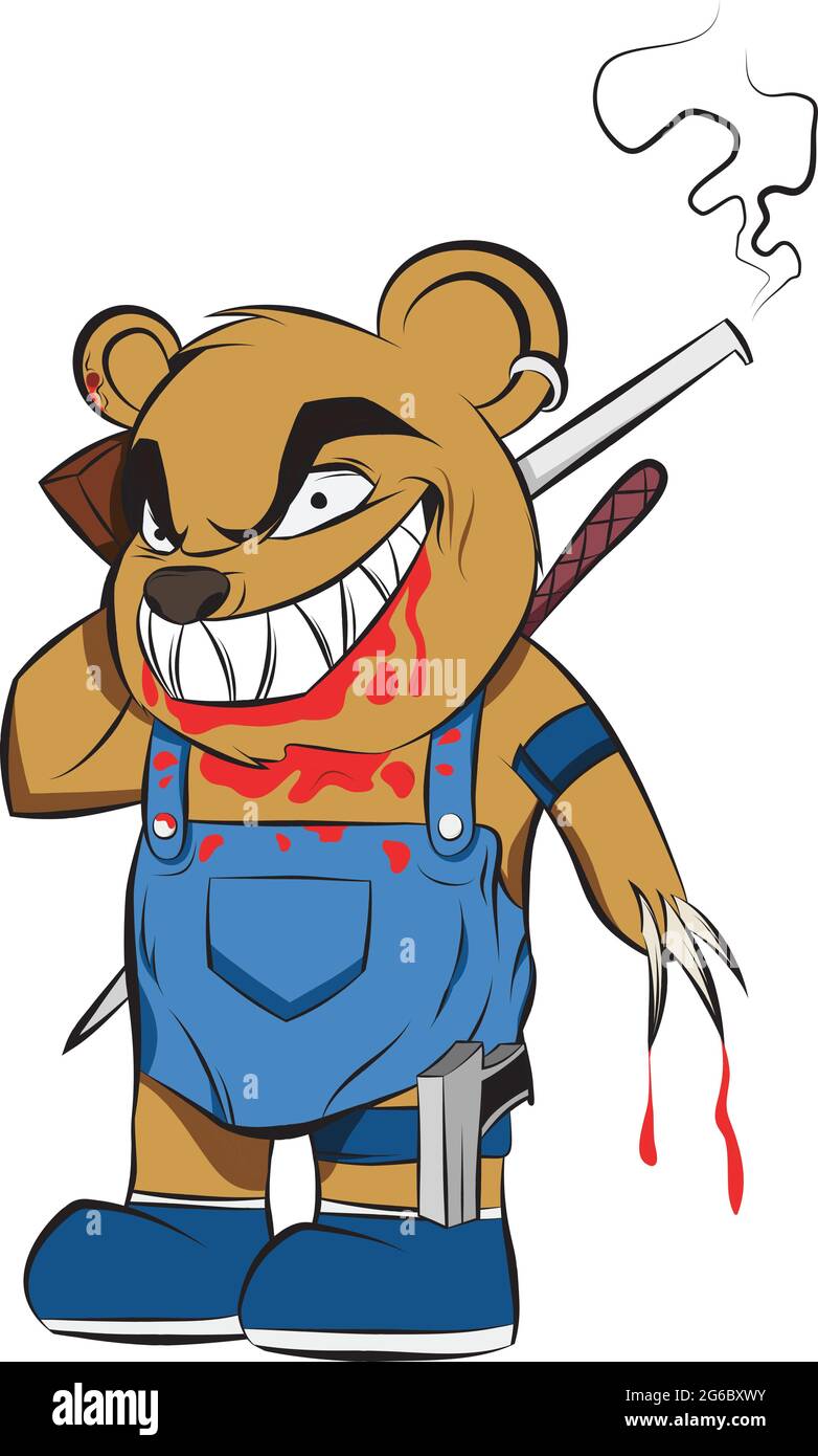 Killer Teddy Bear covered in blood celebrating Halloween. Evil Toy for Kids to give them fear and nightmare. Cartoon Style isolated Halloween. Stock Vector