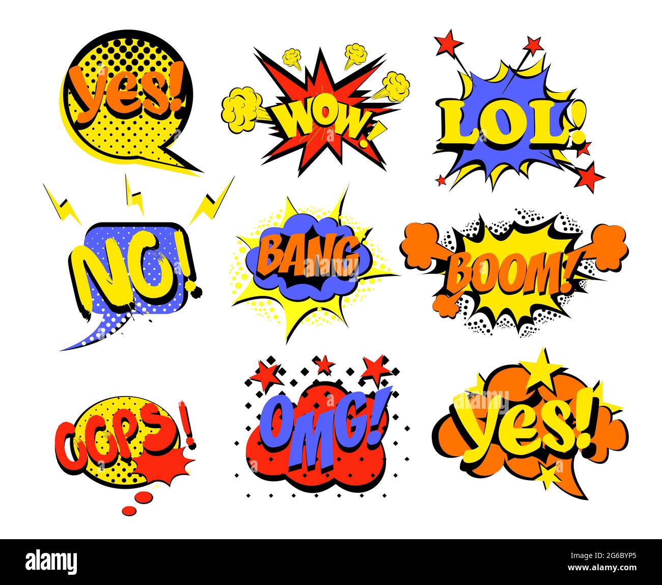 Vector illustration set of comic text, Pop Art style popular words yes, no,  lol and oops. Omg, wow and other bright colors words in pin up and pop art  Stock Vector Image