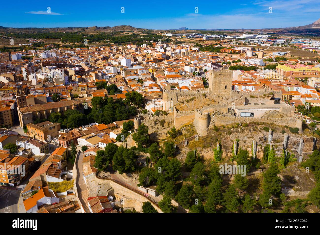 Aerial view of Almansa overlooking Church of la Asuncion and fortress, Spain Stock Photo