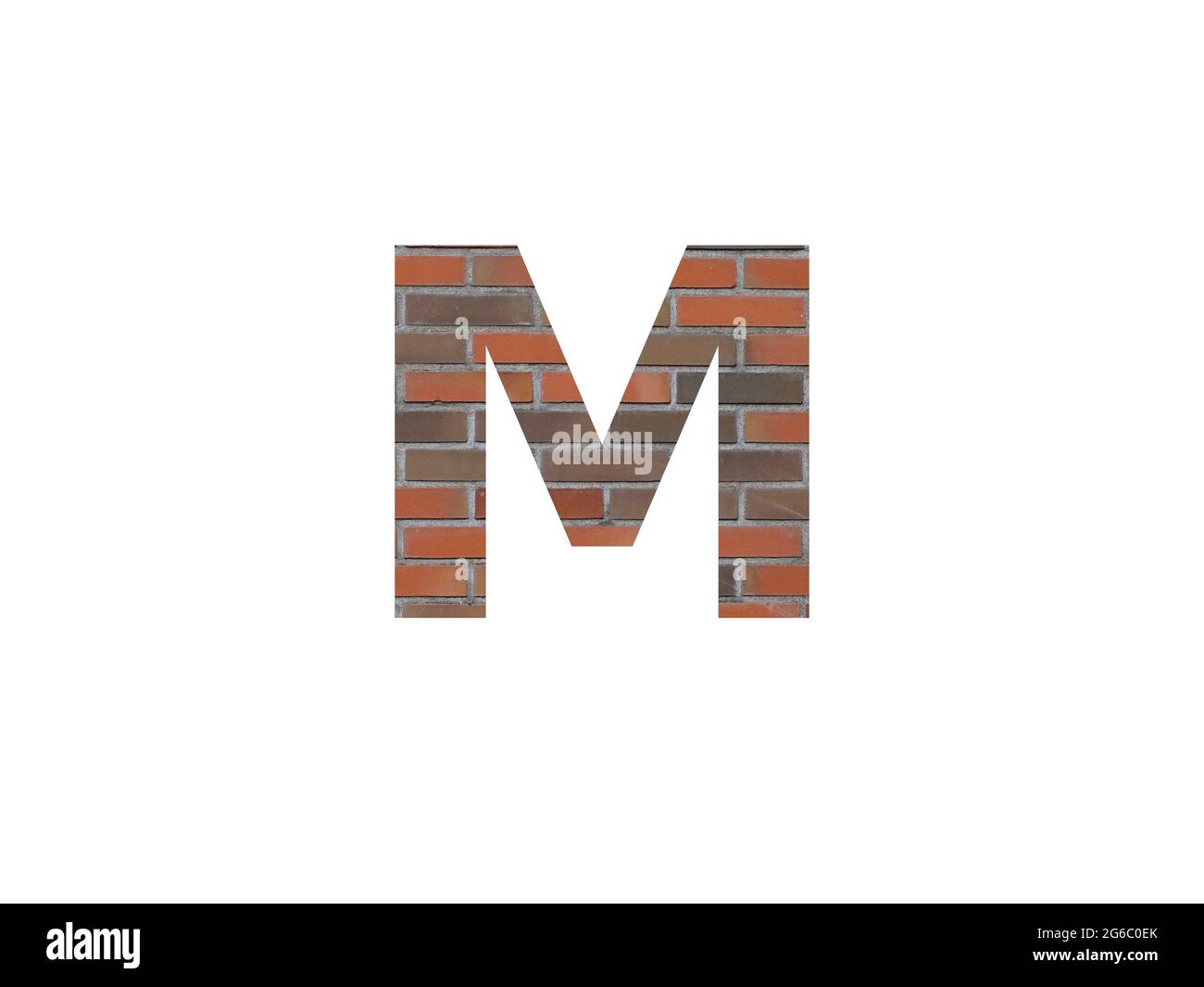 letter M of the alphabet made with wall of bricks, in brown, orange, red grey and isolated on a white background Stock Photo