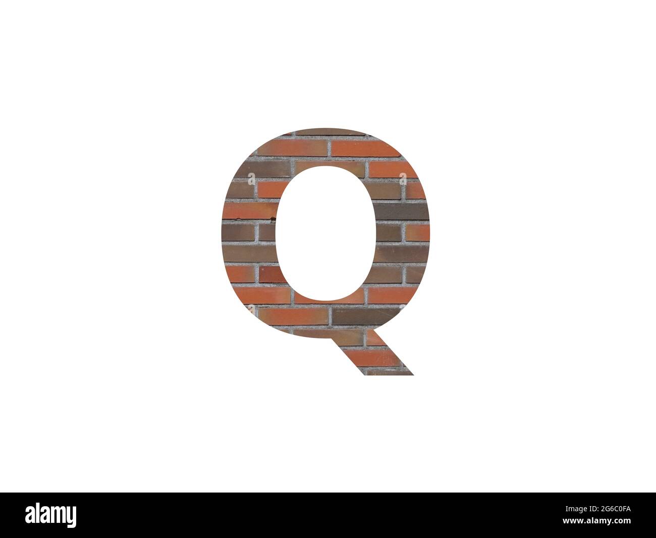 letter Q of the alphabet made with wall of bricks, in brown, orange, red grey and isolated on a white background Stock Photo