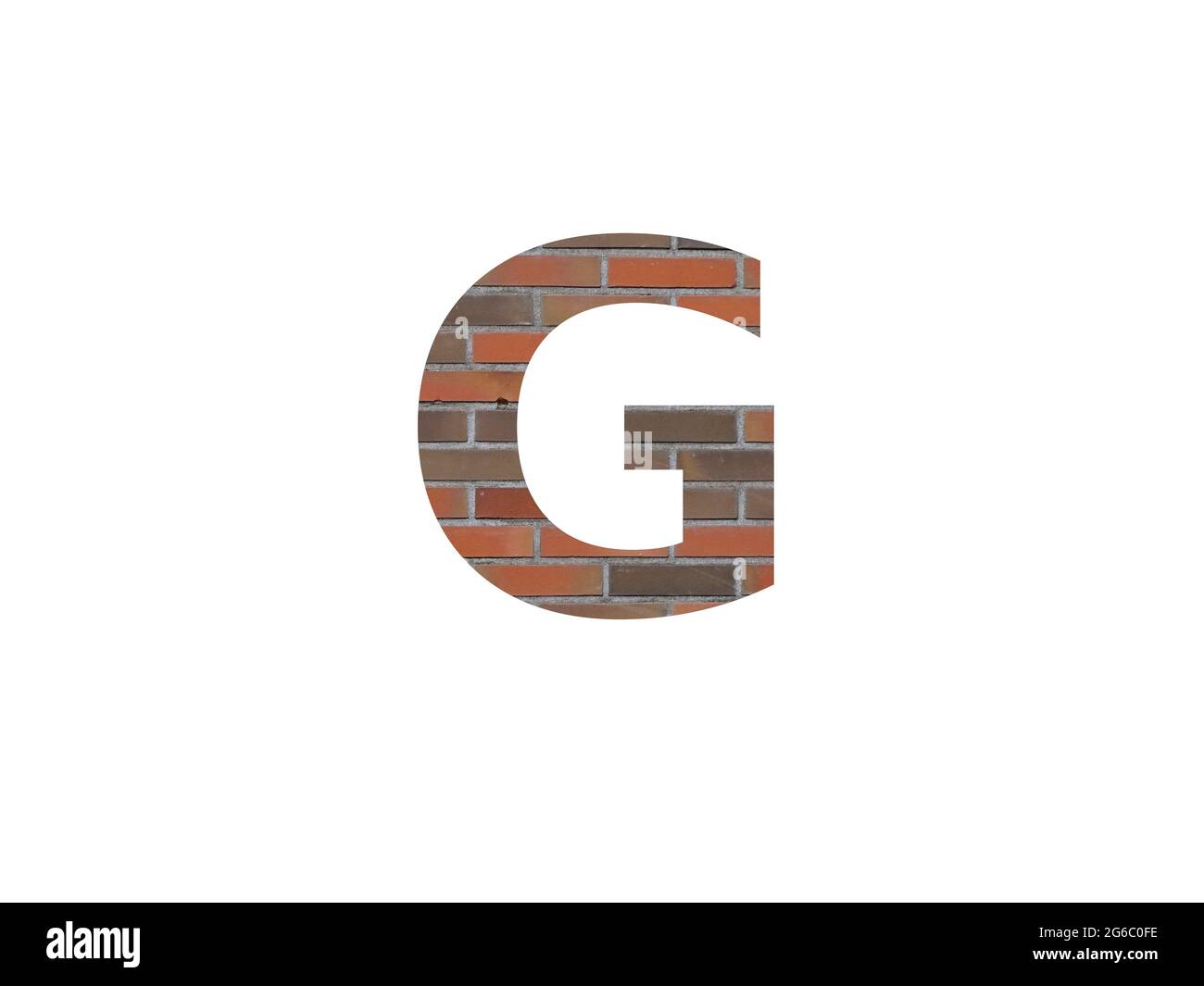 letter G of the alphabet made with wall of bricks, in brown, orange, red grey and isolated on a white background Stock Photo