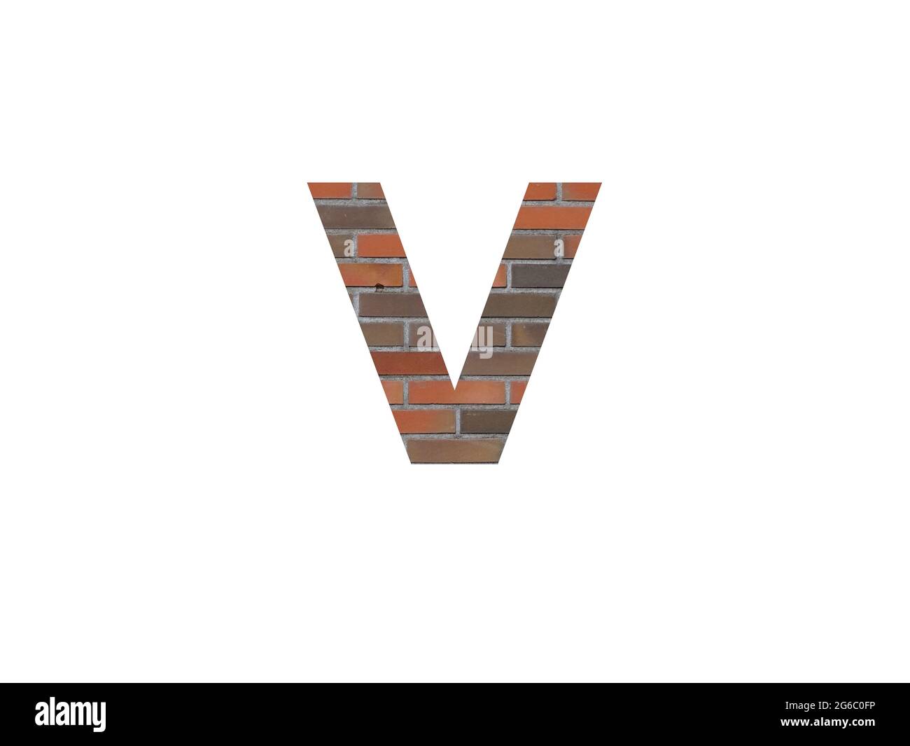letter V of the alphabet made with wall of bricks, in brown, orange, red grey and isolated on a white background Stock Photo