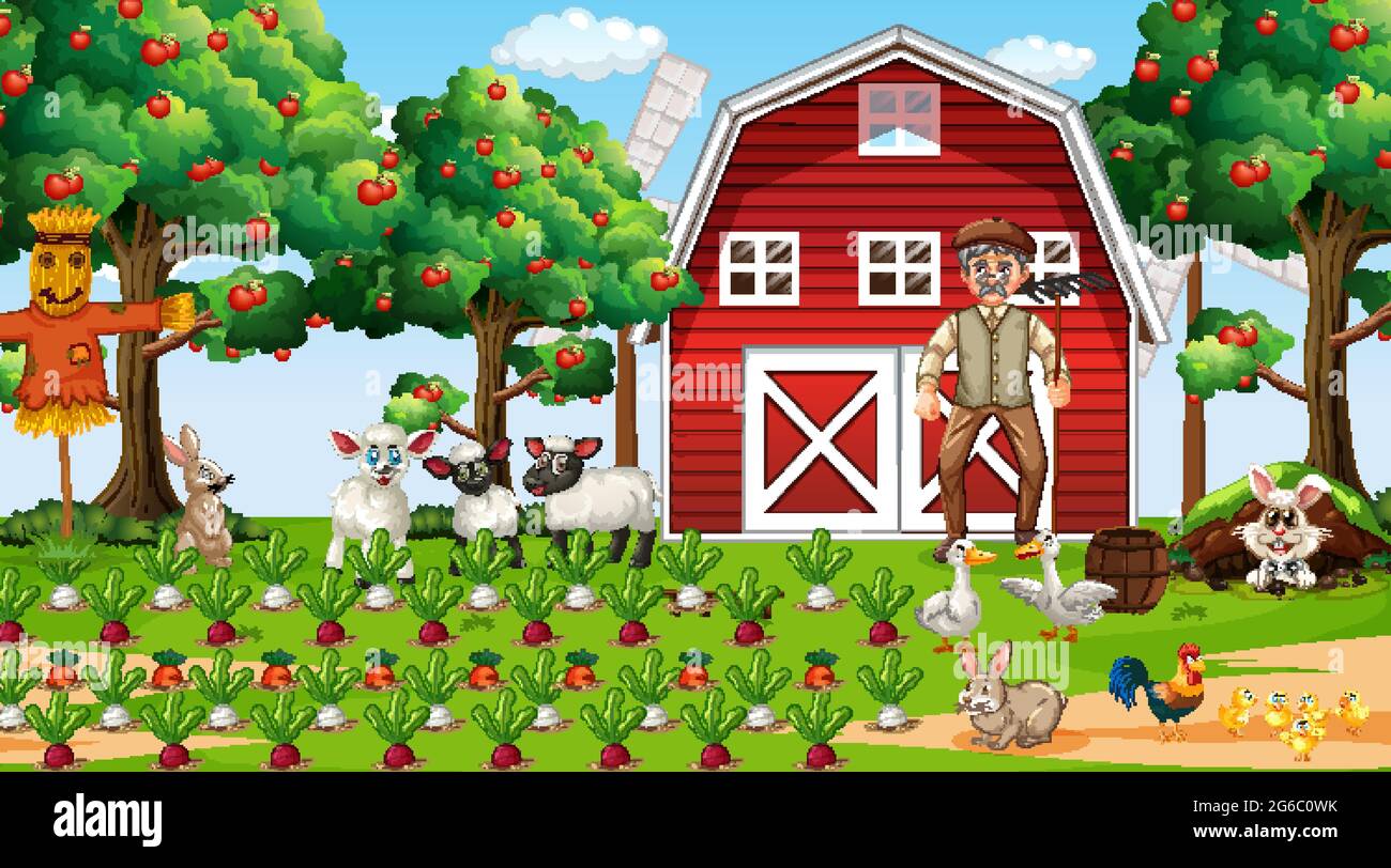 Farm scene at daytime with old farmer man and cute animals illustration Stock Vector