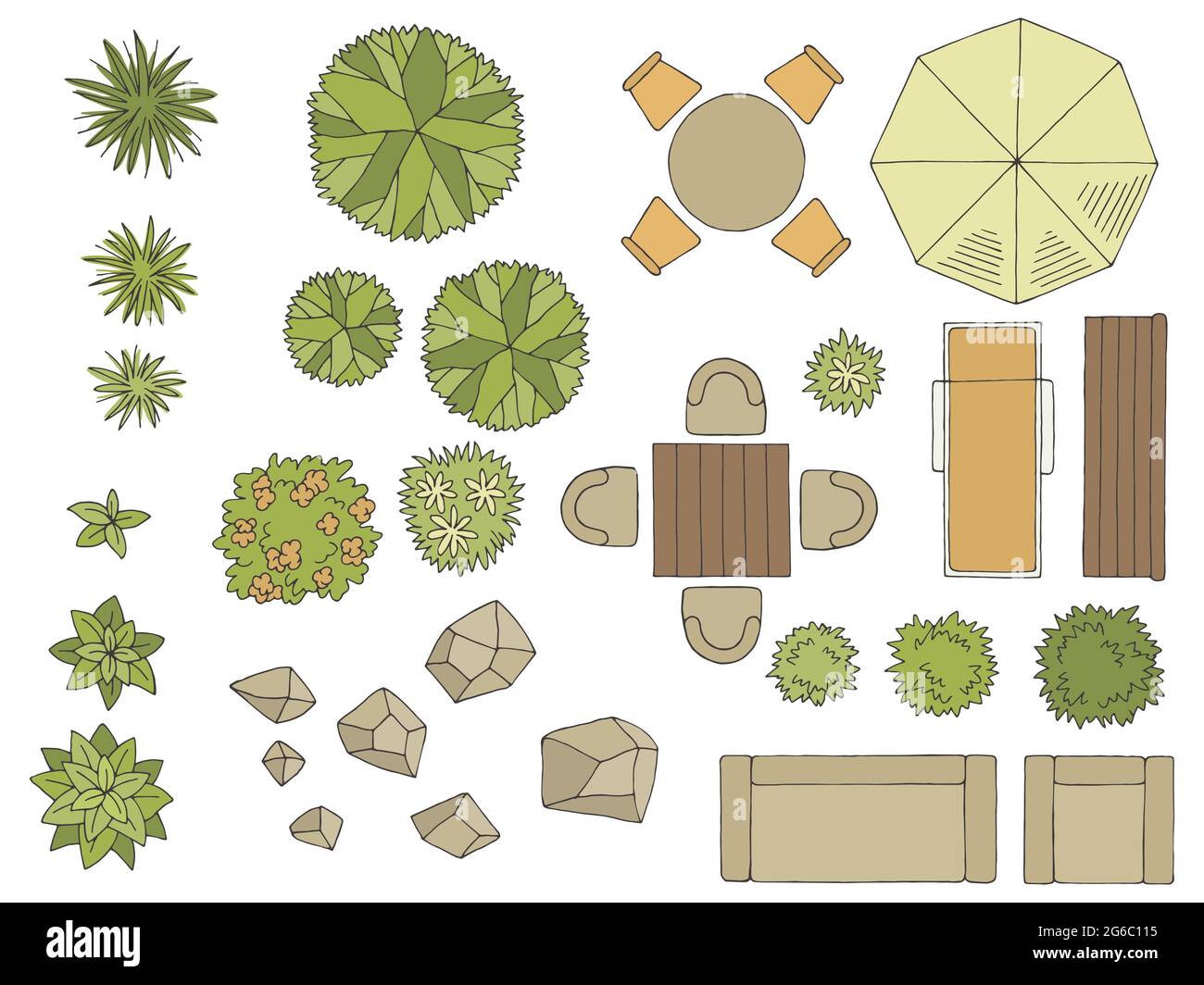 Landscape architect design element set graphic color top sketch aerial view isolated illustration vector Stock Vector