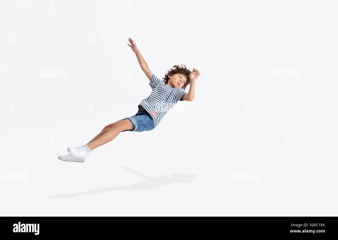 Portrait of Caucasian preschool boy isolated over white studio ...