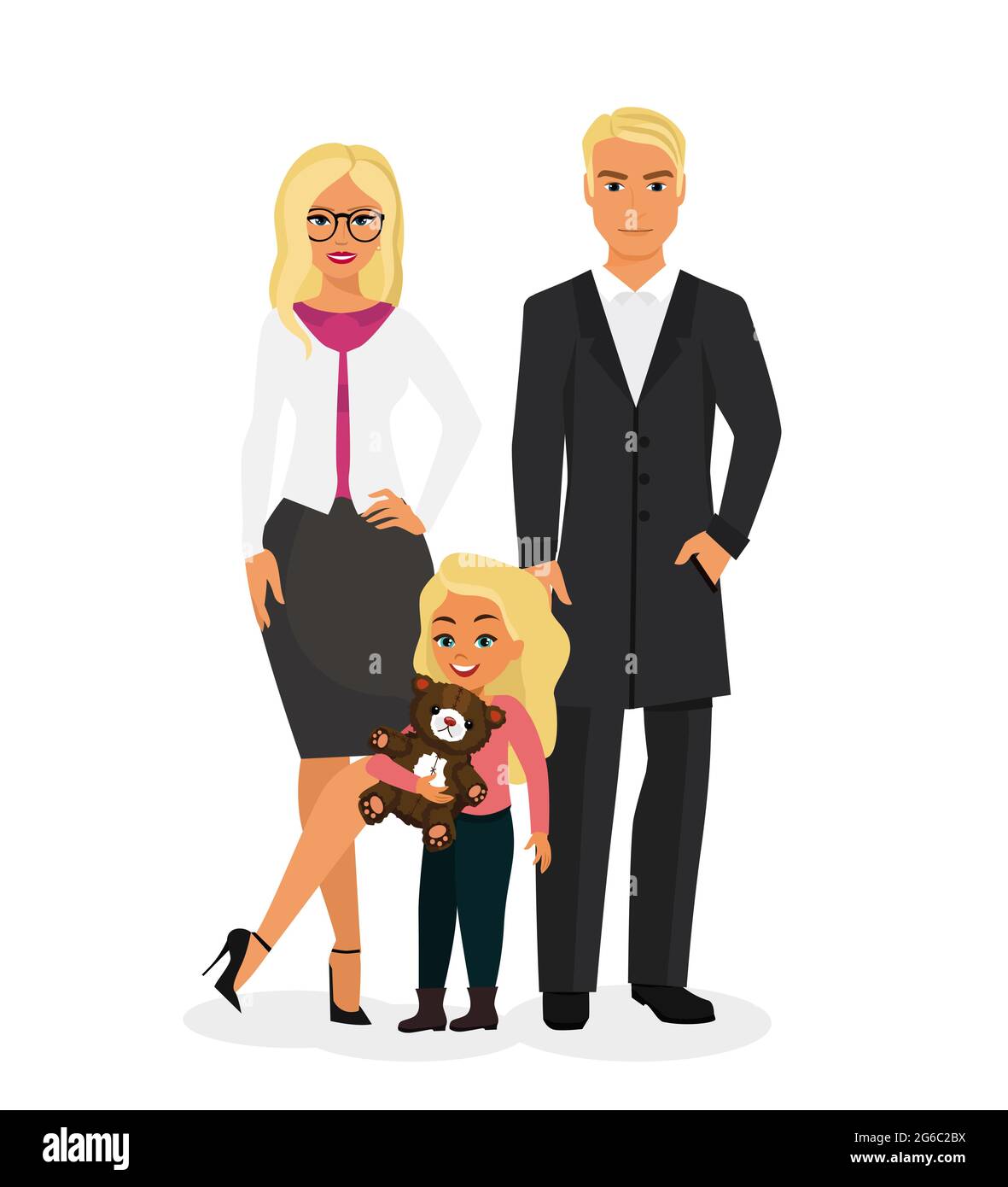 Vector illustration of beautiful happy family with pretty blonde mother, handsome blond father and cute daughter with white hair. Young family, man Stock Vector