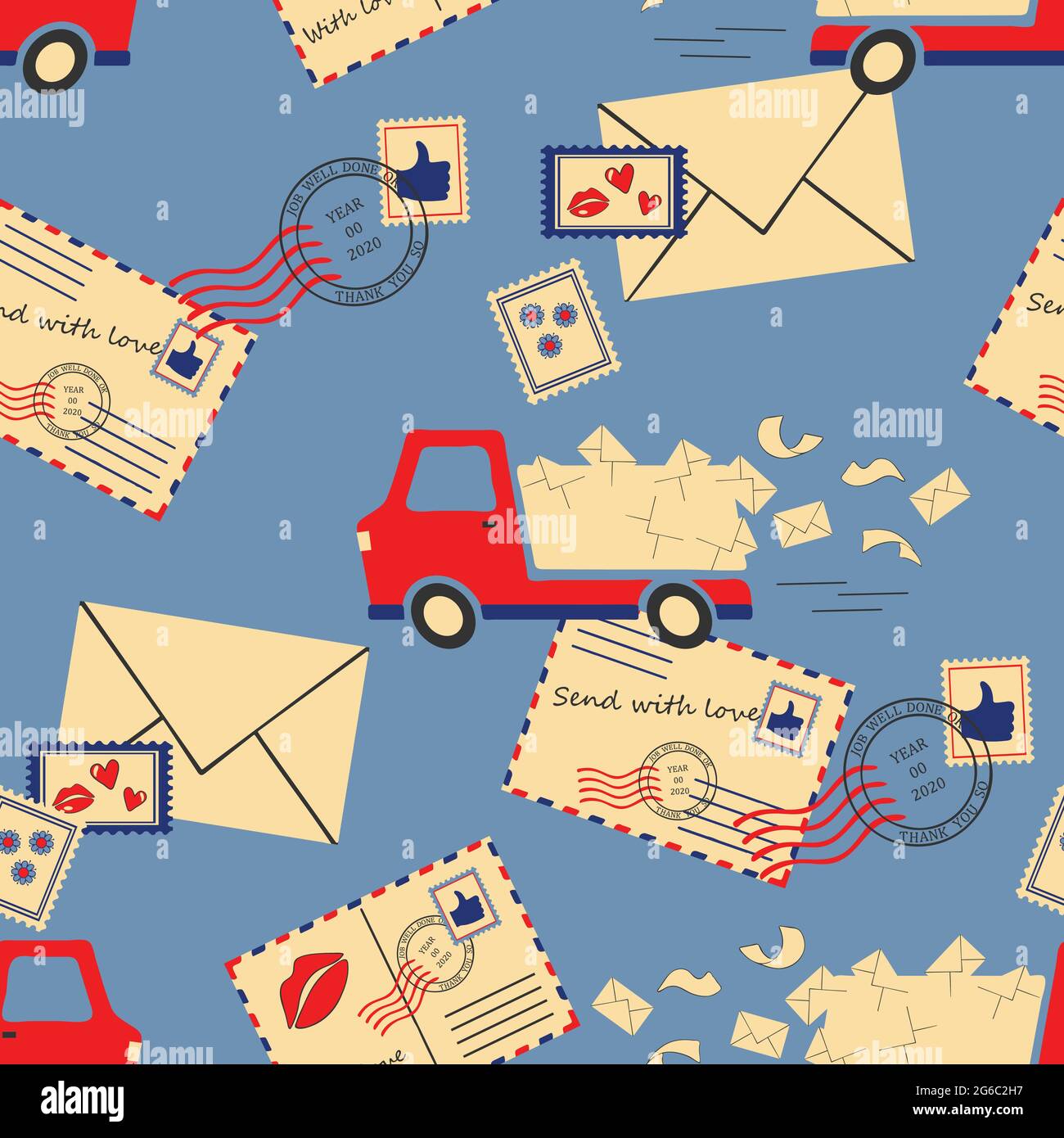 Seamless vector pattern with vintage envelopes and delivery van on blue ...