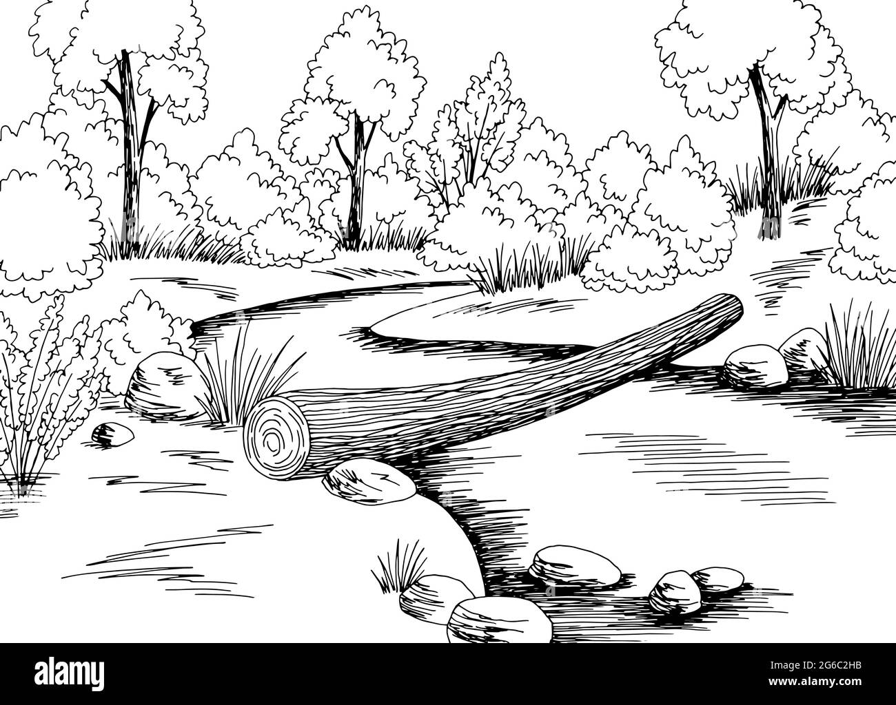 Log bridge over the river graphic black white forest landscape sketch illustration vector Stock Vector