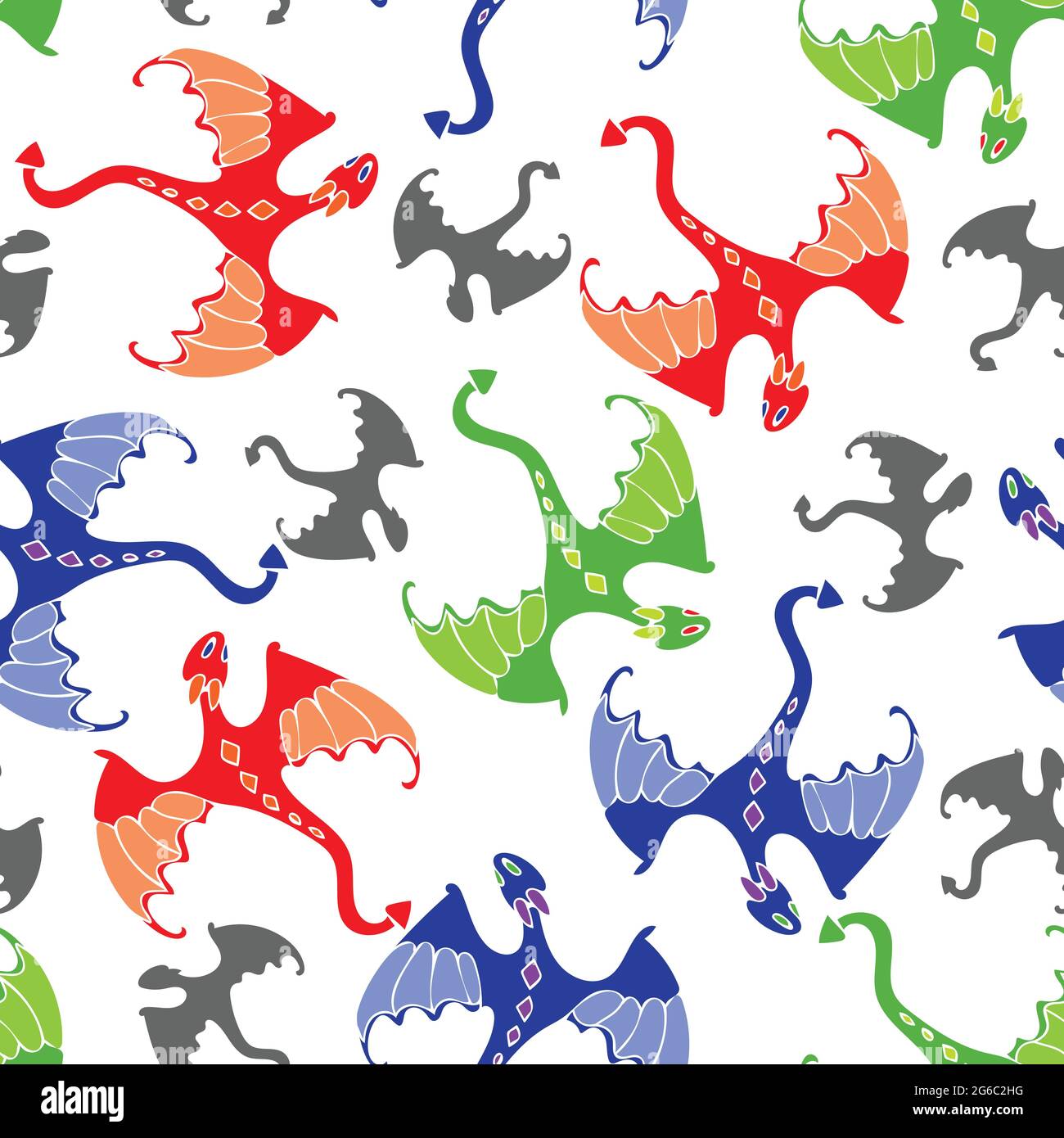Seamless vector pattern of cute cartoon dragons on white background. Colourful fantasy wallpaper design for children. Flying animal fashion textile. Stock Vector