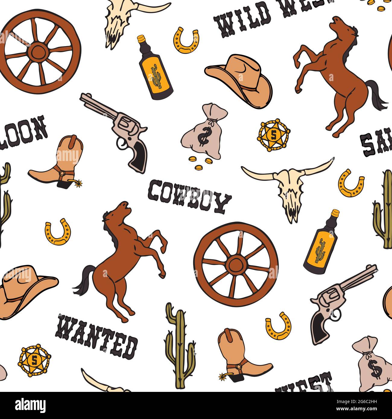 Seamless vector pattern with wild west cowboy on white background. Vintage western Texas wallpaper design. Decorative fashion textile for children. Stock Vector