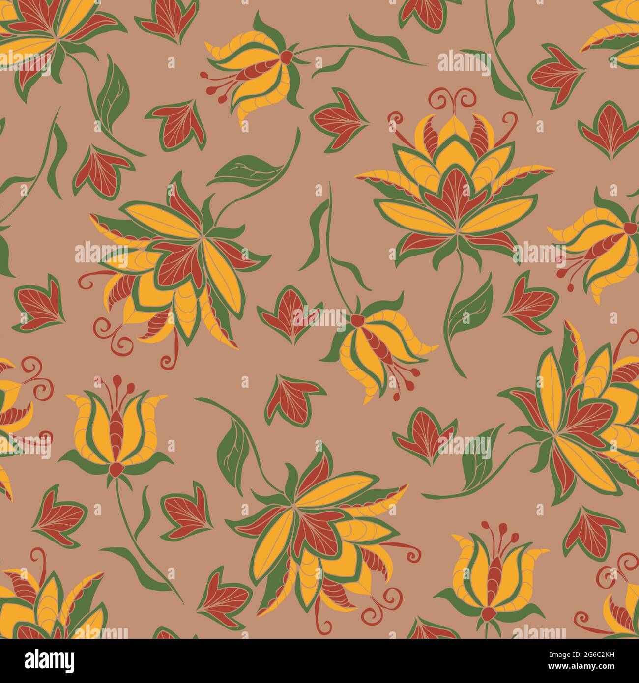 Seamless vector pattern with yellow flowers on beige background. Beautiful vintage floral wallpaper design. Embroidery fashion textile. Stock Vector