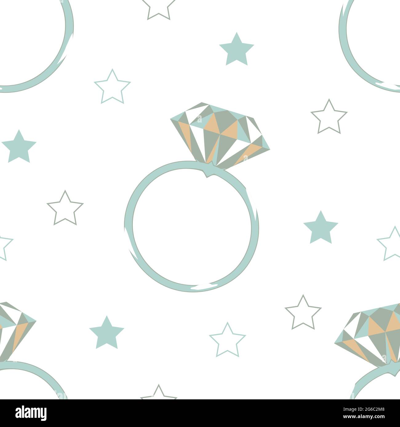 Seamless vector pattern with diamond ring on white background. Simple engagement symbol wallpaper design. Romantic wedding fashion textile. Stock Vector