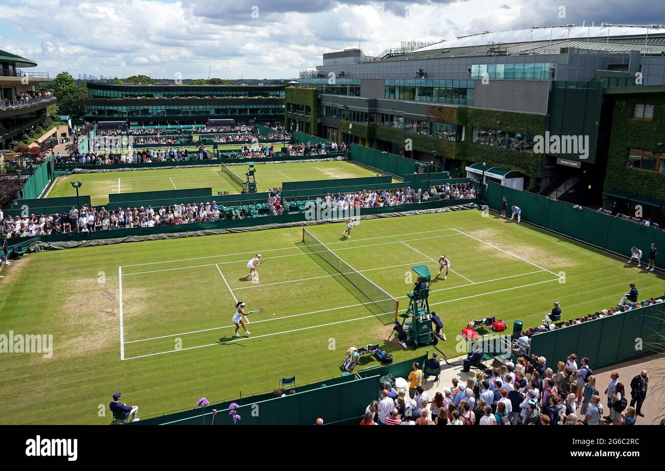 General view of Heather Watson and Harriet Dart in action during the