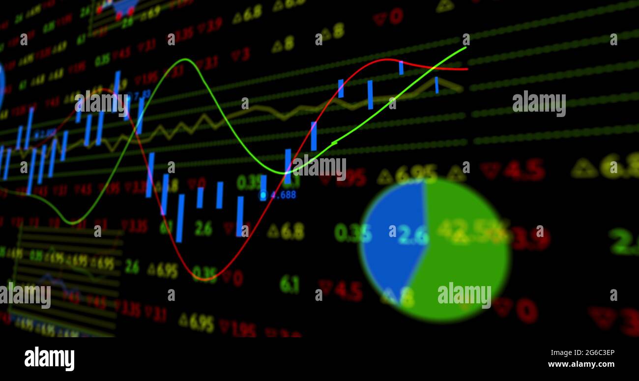 Image of stock exchange display board with graphs and numbers changing Stock Photo