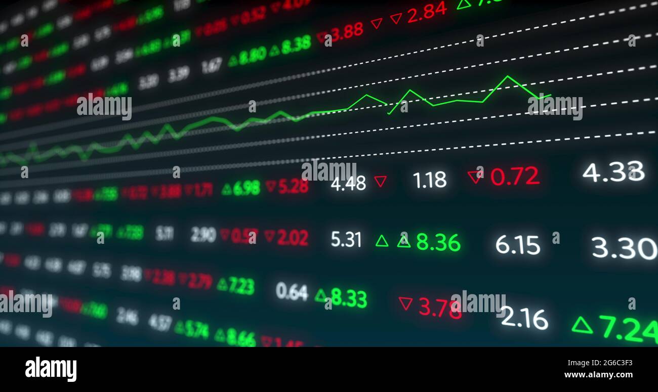 Image of stock exchange display board with graphs and numbers changing Stock Photo