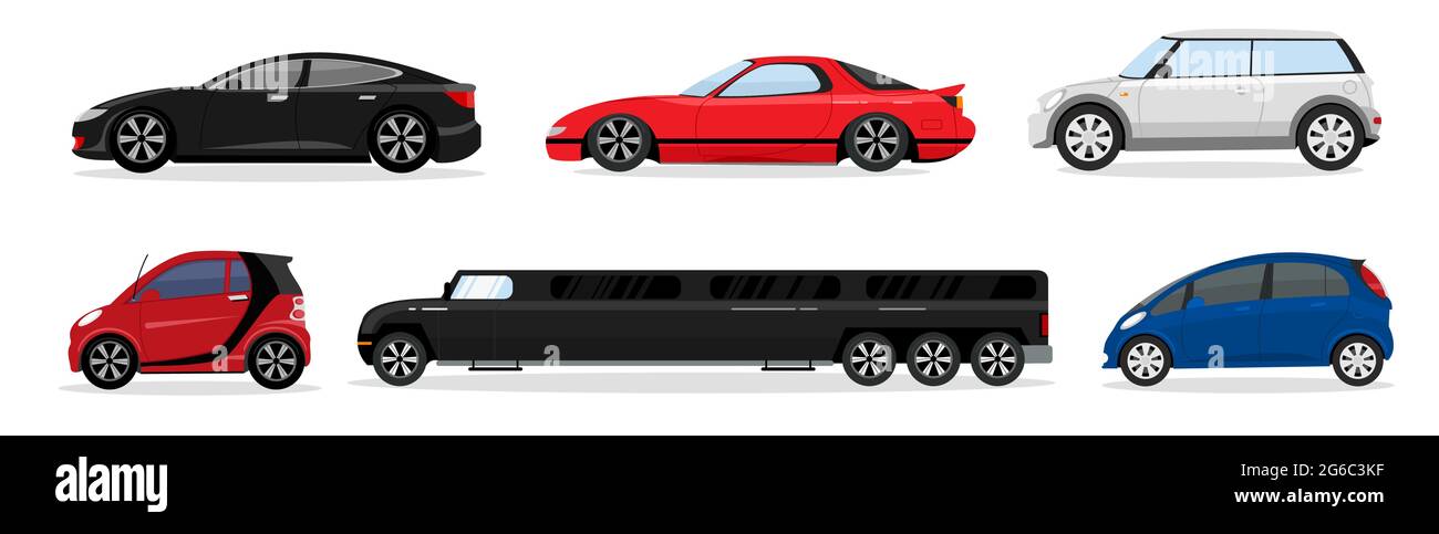 Vector illustration set of different modern passenger cars. Sedan car, universal car, hatchback, mini car, limousine on white background in flat style Stock Vector
