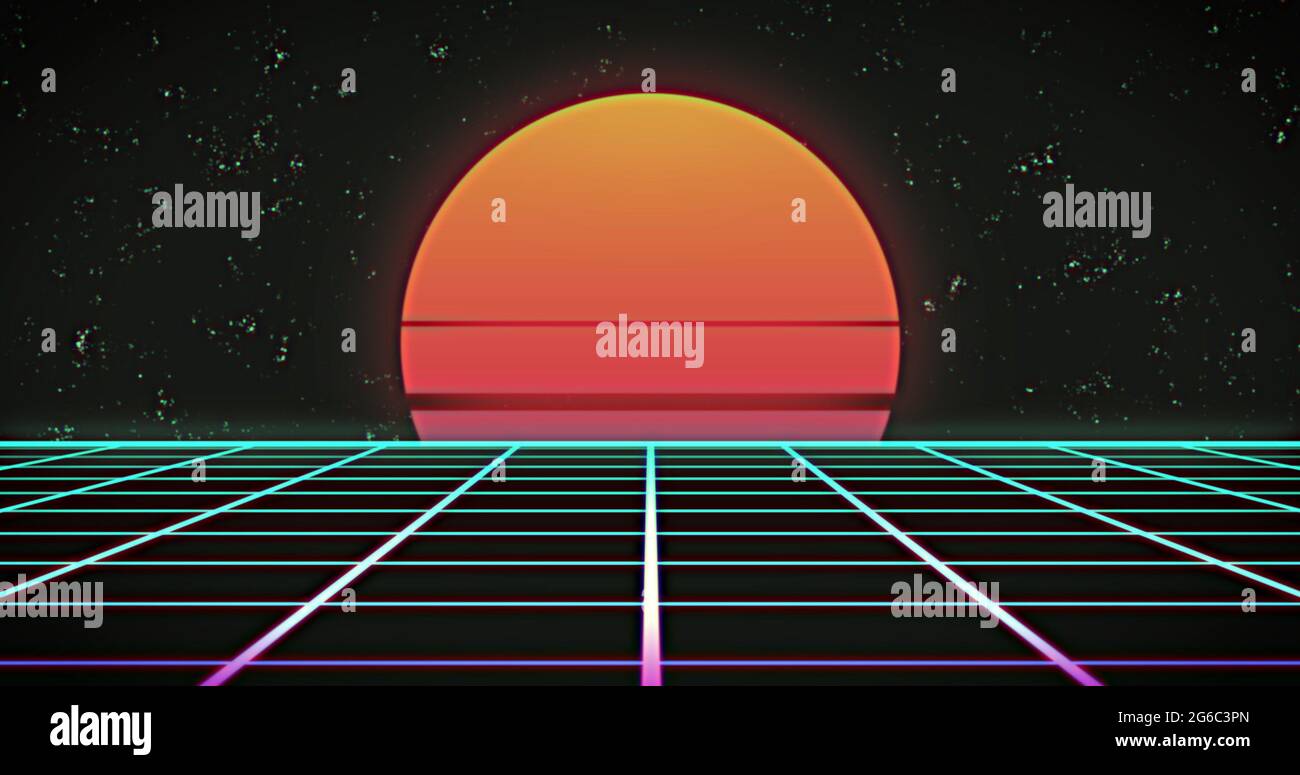 Image of glowing orange sun moving on seamless loop over green grid at ...