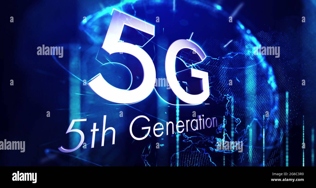 Image of 5g 5th generation text over globe spinning Stock Photo