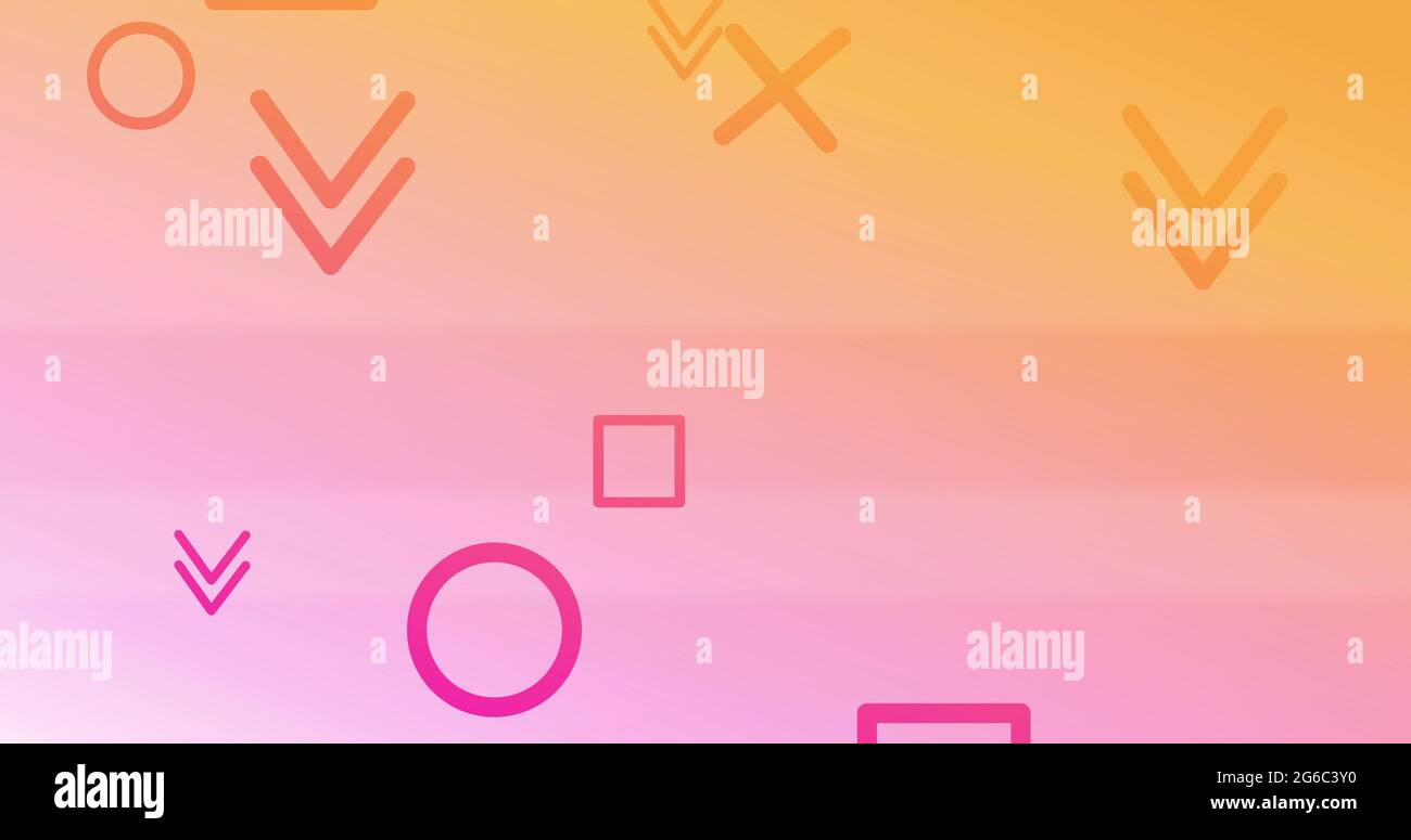 Orange and pink crosses squares circles and arrows falling downwards on a soft orange and pink backg Stock Photo