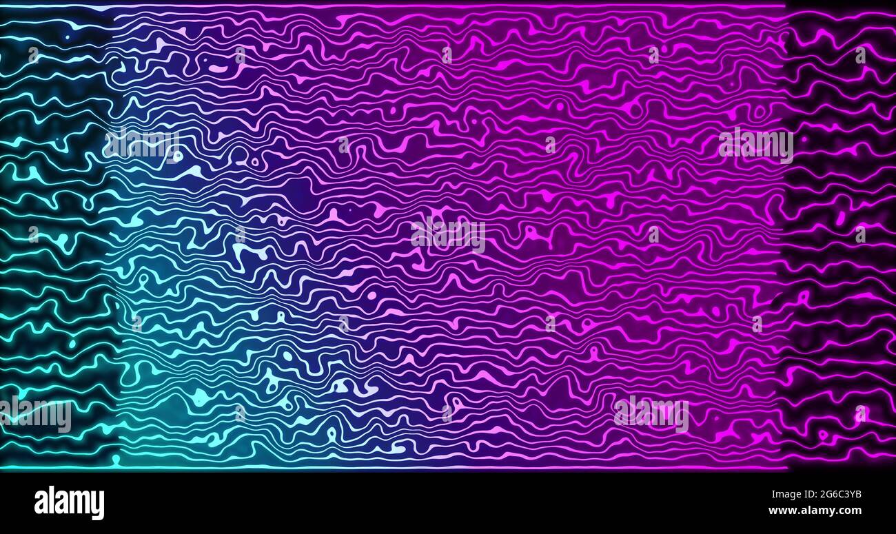 Image of glowing neon pink to blue liquid lines moving on black background Stock Photo