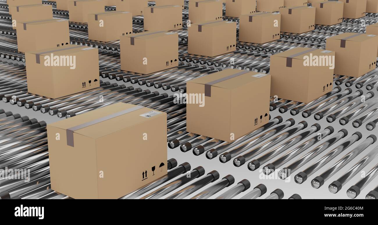 Rows of cardboard packing boxes moving on conveyor belts Stock Photo