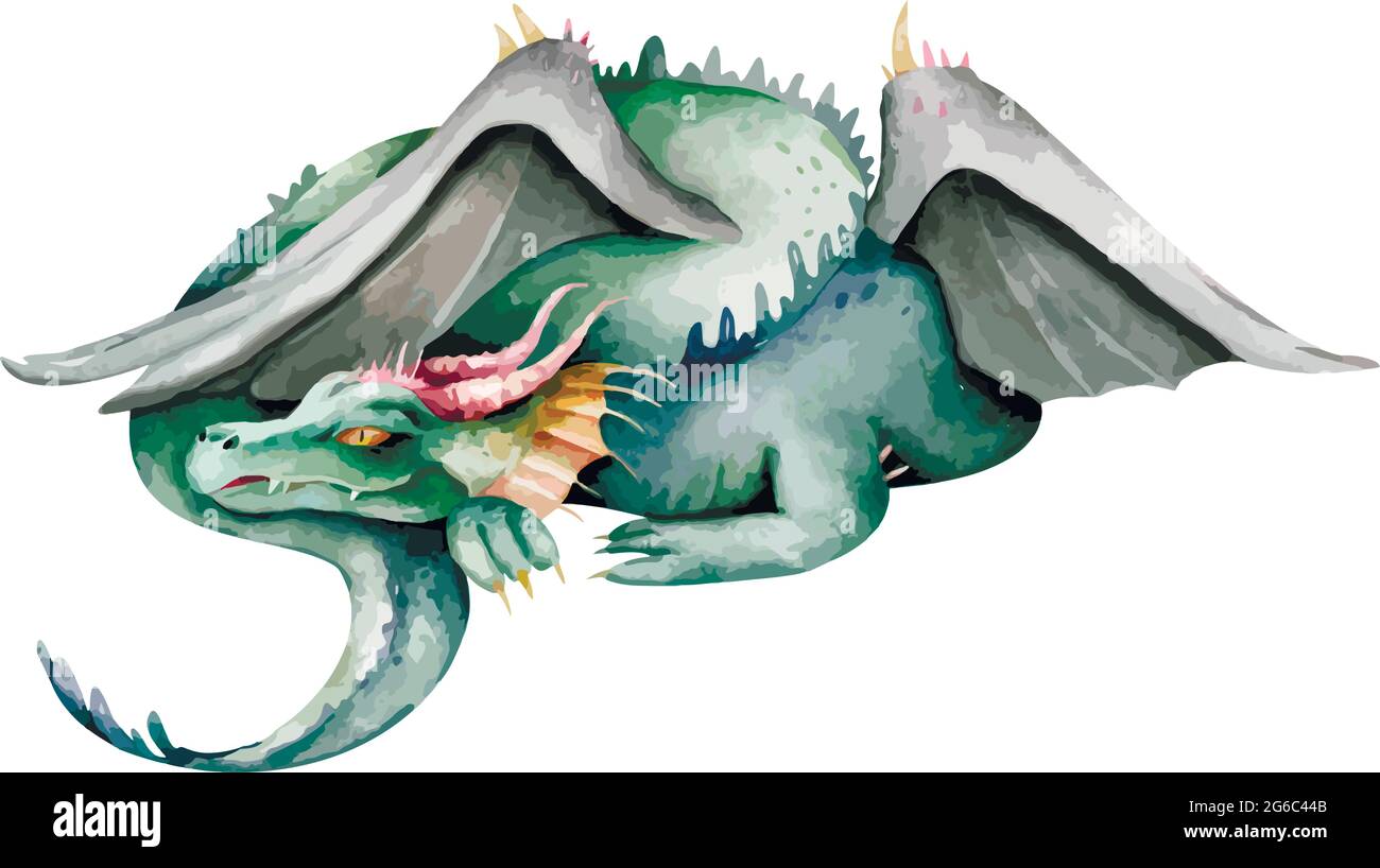 Cute green flying dragon Hand drawn watercolor nursery Isolated ...