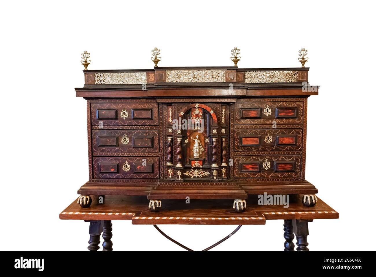 Wooden Cabinet furniture of Spanish origin named Bargueño, manufactured between the 16th and 18th centuries, for writing or filing papers, suitable fo Stock Photo