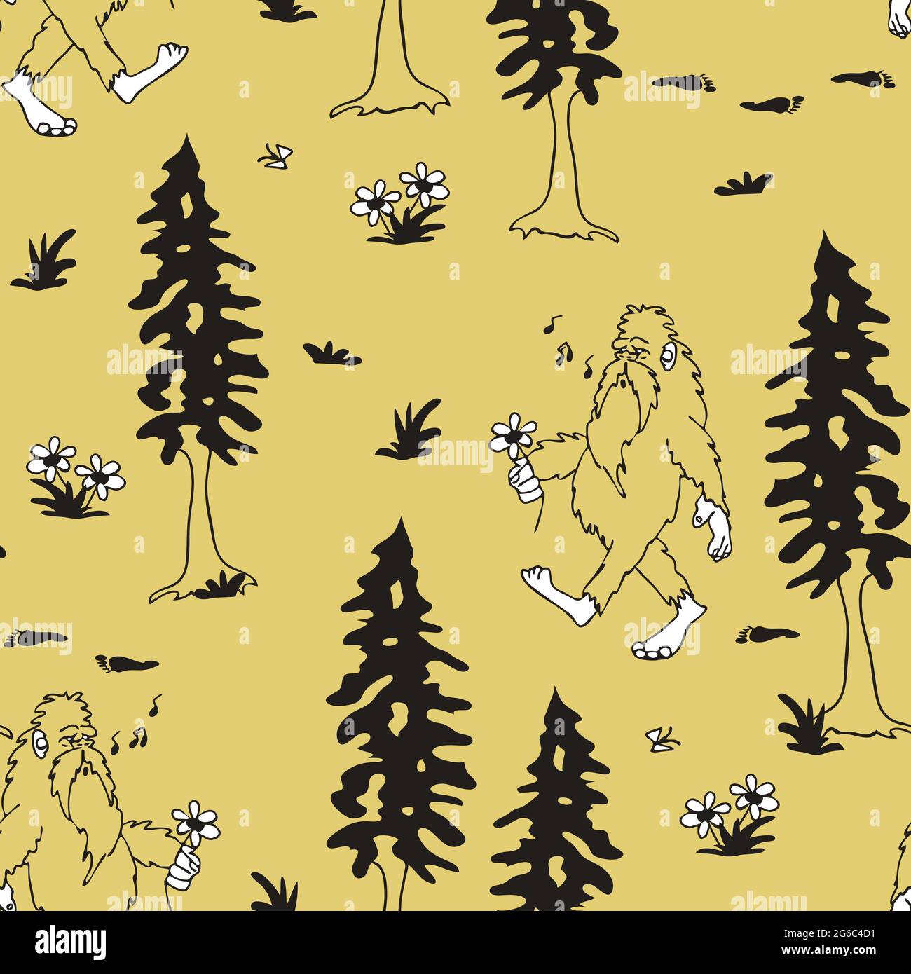 Seamless vector pattern with happy Bigfoot on yellow background. Fun mythical creature wallpaper design for children. Legendary monster fashion. Stock Vector