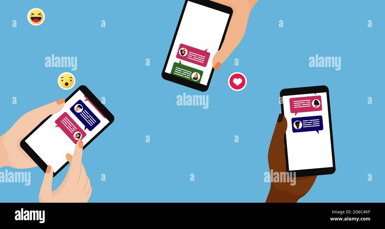 Image of people holding smartphones social networking with icons Stock Photo