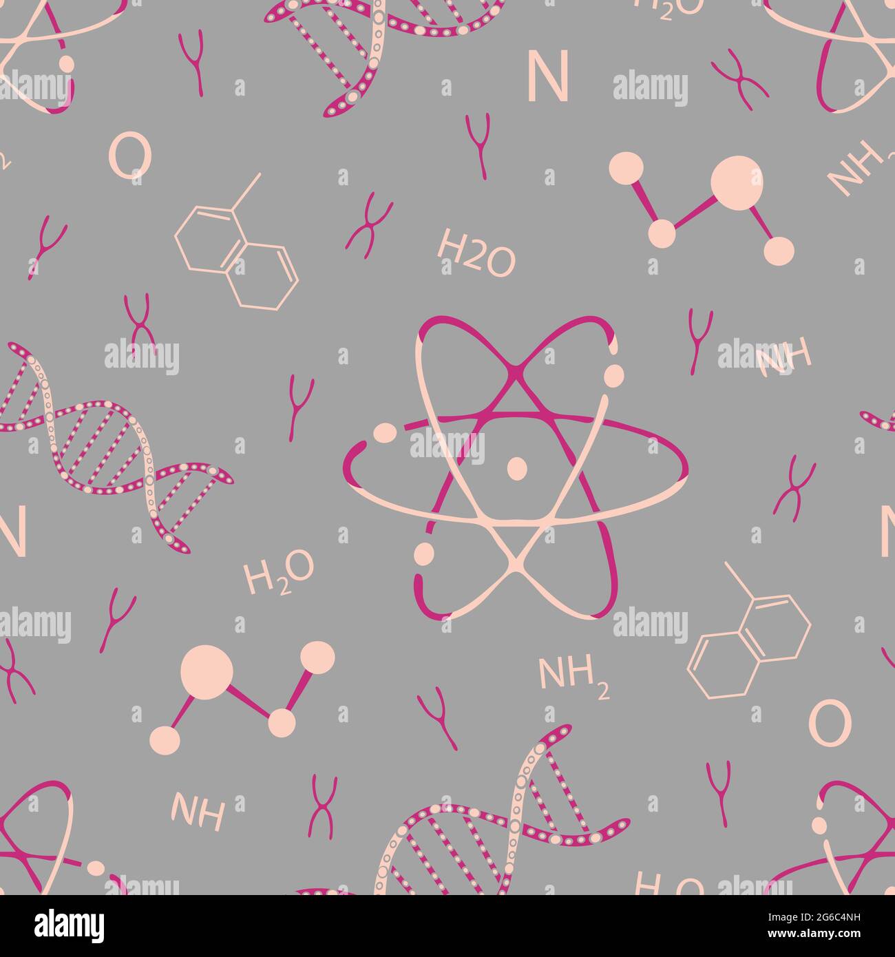 Seamless vector pattern with DNA and atoms on grey background. Simple  modern chemistry wallpaper design. Science fashion textile. Stock Vector